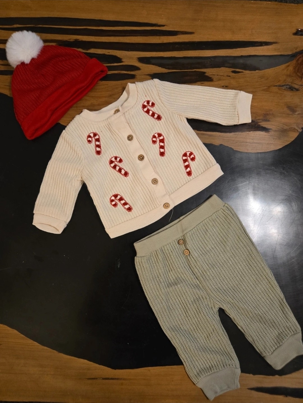 chick pea Cream Candy Cane Cardigan & Green Knit Pants with Red Pom Hat